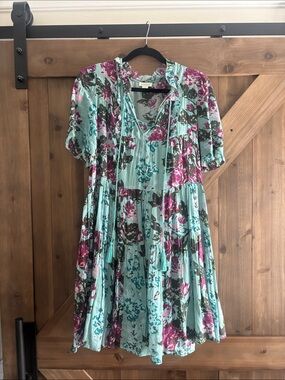 Sundance Mint Floral Tiered Dress with Pink and Teal Flowers